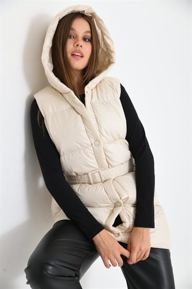 FTZ Women Kadın Kapüşonlu Kemer Detaylı Şişme Yelek  Beige RBN2030