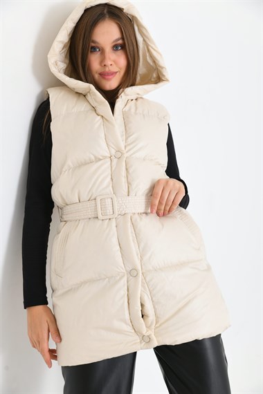 FTZ Women Kadın Kapüşonlu Kemer Detaylı Şişme Yelek  Beige RBN2030
