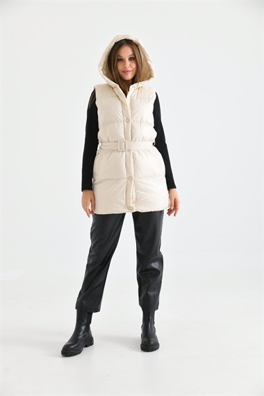 FTZ Women Kadın Kapüşonlu Kemer Detaylı Şişme Yelek  Beige RBN2030