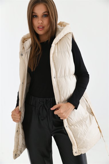 FTZ Women Kadın Kapüşonlu Kemer Detaylı Şişme Yelek  Beige RBN2030