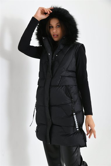 FTZ Women Kadın Kürk Detay Şişme Yelek  Siyah RBN2029