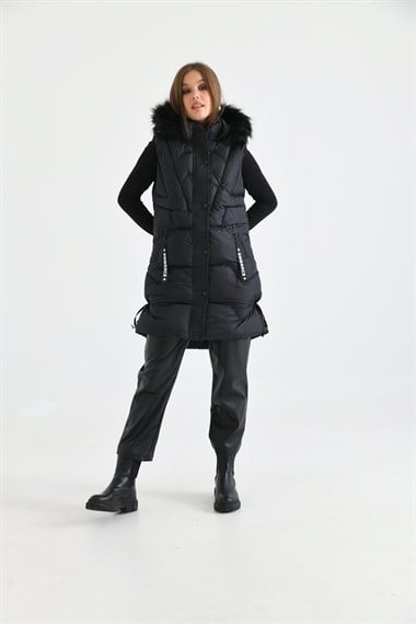 FTZ Women Kadın Kürk Detay Şişme Yelek  Siyah RBN2029