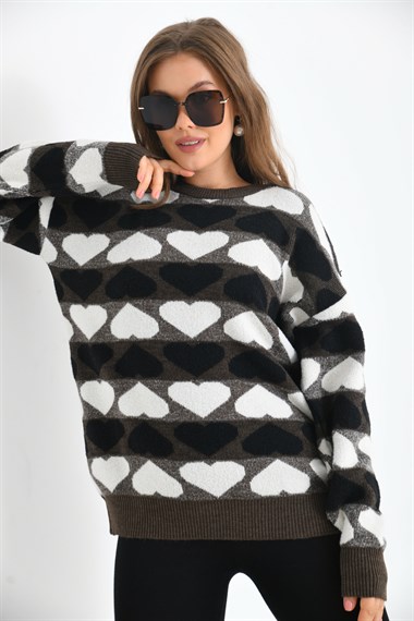 FTZ Women Kadın Kalp Desenli Bluz  Kahve 20028