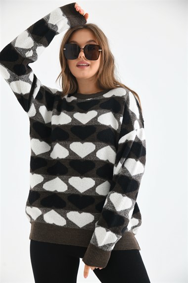 FTZ Women Kadın Kalp Desenli Bluz  Kahve 20028