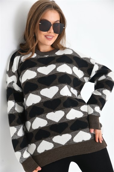 FTZ Women Kadın Kalp Desenli Bluz  Kahve 20028