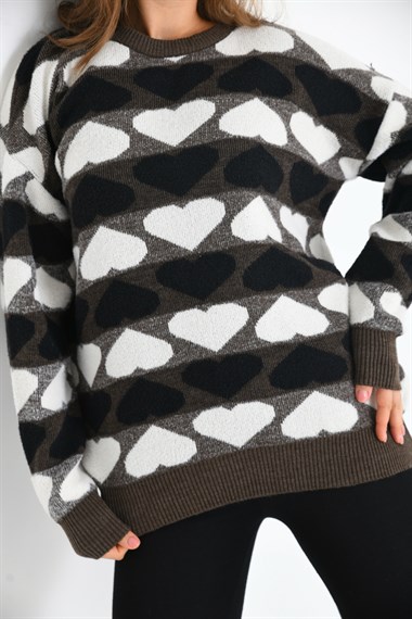 FTZ Women Kadın Kalp Desenli Bluz  Kahve 20028