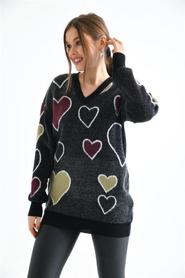 FTZ Women Kadın Kalp Desenli Tunik  Siyah 20098