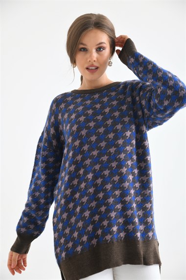 FTZ Women Kadın Kazayağı Desenli Bluz  Kahve 20044