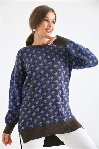 FTZ Women Kadın Kazayağı Desenli Bluz  Kahve 20044