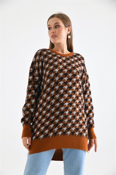 FTZ Women Kadın Kazayağı Desenli Bluz  Kiremit 20044