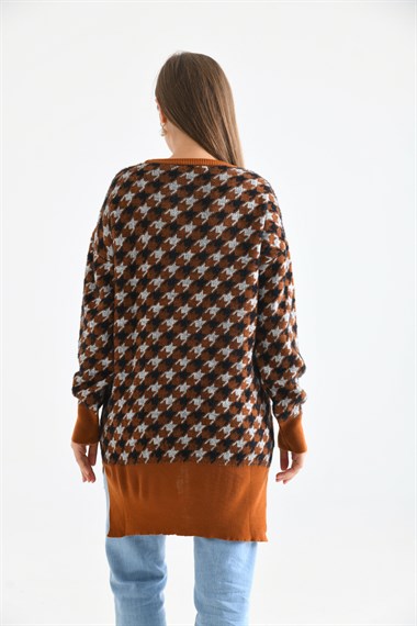 FTZ Women Kadın Kazayağı Desenli Bluz  Kiremit 20044