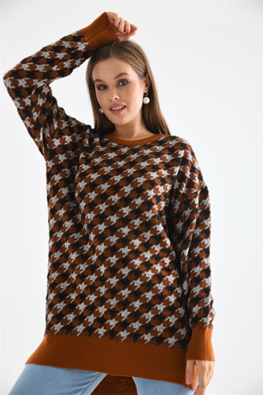 FTZ Women Kadın Kazayağı Desenli Bluz  Kiremit 20044