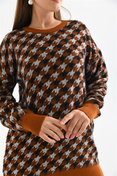 FTZ Women Kadın Kazayağı Desenli Bluz  Kiremit 20044