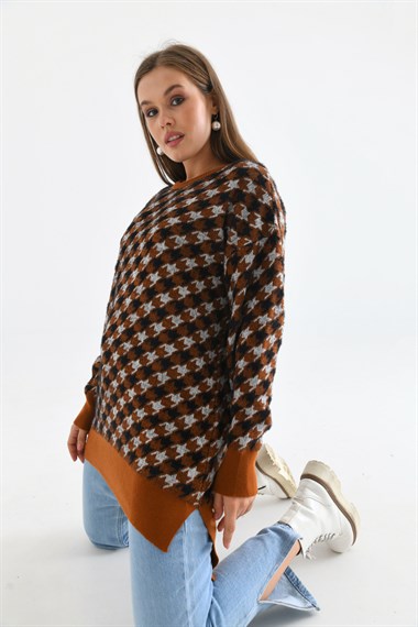 FTZ Women Kadın Kazayağı Desenli Bluz  Kiremit 20044