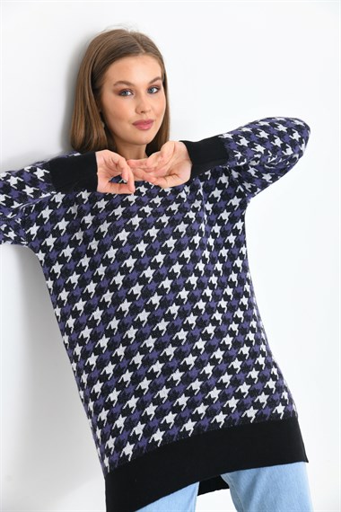 FTZ Women Kadın Kazayağı Desenli Bluz  Siyah 20044