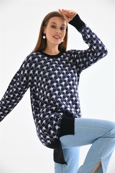 FTZ Women Kadın Kazayağı Desenli Bluz  Siyah 20044