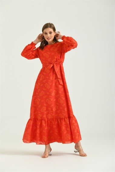 FTZ Women Kadın Kesme Çiçek Desen Şifon Elbise  Kırmızı 301321