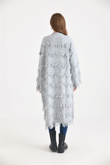 FTZ Women Kadın Püskül Detaylı Uzun Kap  Gri 20066