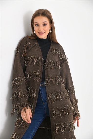 FTZ Women Kadın Püskül Detaylı Uzun Kap  Kahve 20066