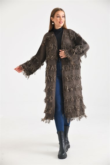 FTZ Women Kadın Püskül Detaylı Uzun Kap  Kahve 20066