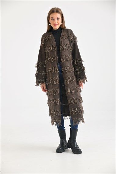 FTZ Women Kadın Püskül Detaylı Uzun Kap  Kahve 20066