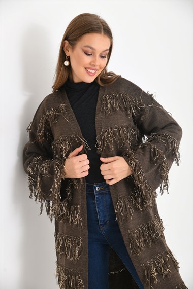 FTZ Women Kadın Püskül Detaylı Uzun Kap  Kahve 20066