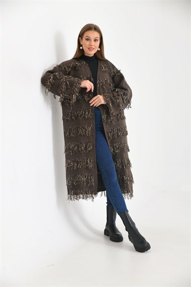 FTZ Women Kadın Püskül Detaylı Uzun Kap  Kahve 20066