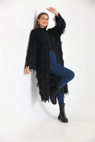 FTZ Women Kadın Püskül Detaylı Uzun Kap  Siyah 20066