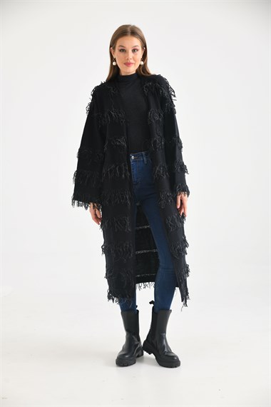 FTZ Women Kadın Püskül Detaylı Uzun Kap  Siyah 20066