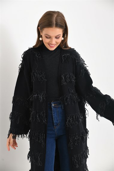 FTZ Women Kadın Püskül Detaylı Uzun Kap  Siyah 20066