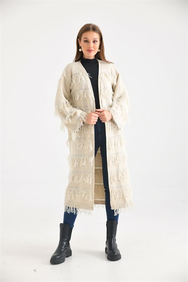 FTZ Women Kadın Püskül Detaylı Uzun Kap  Taş 20066