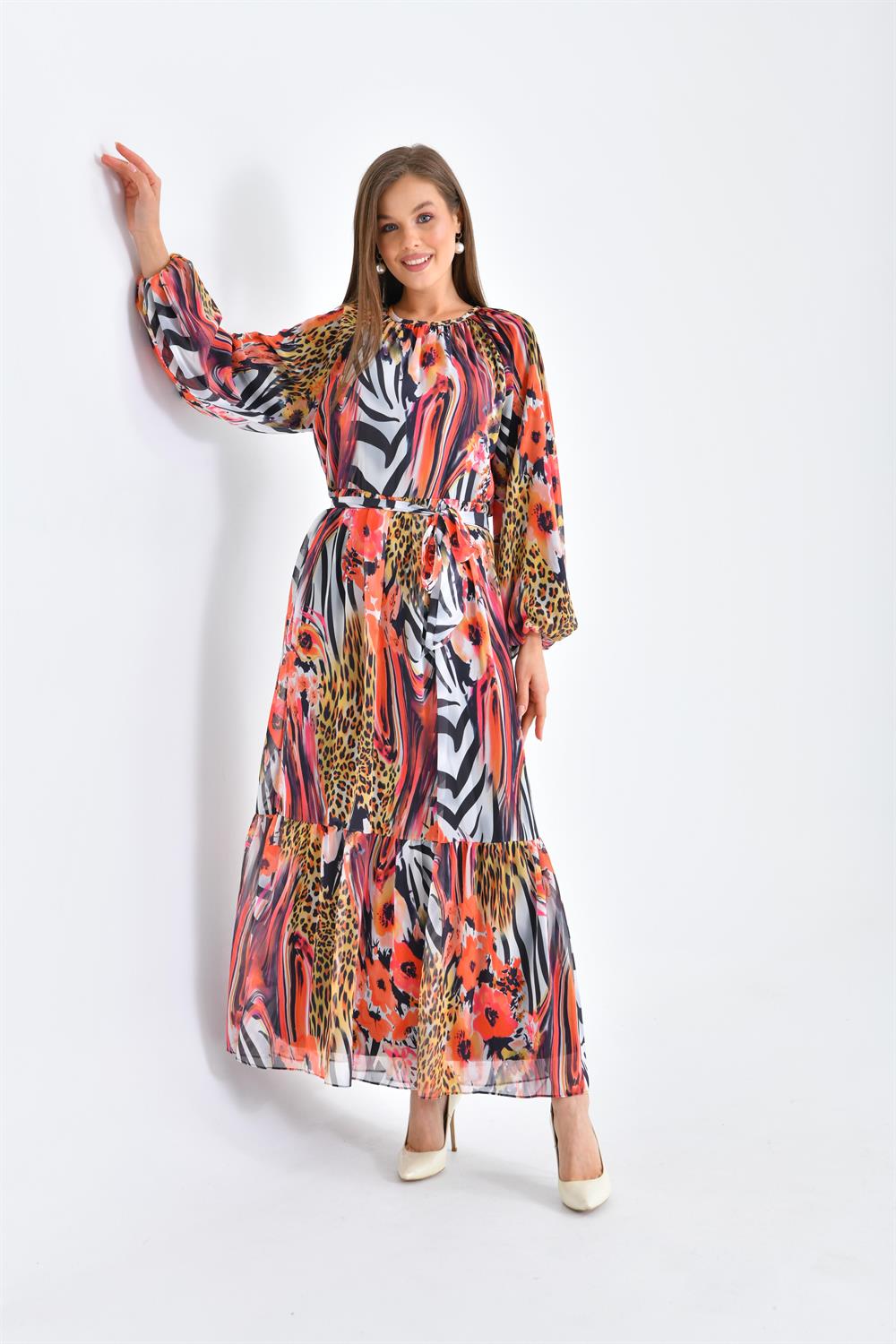 Bayan Şifon Baskılı Elbise MERCAN