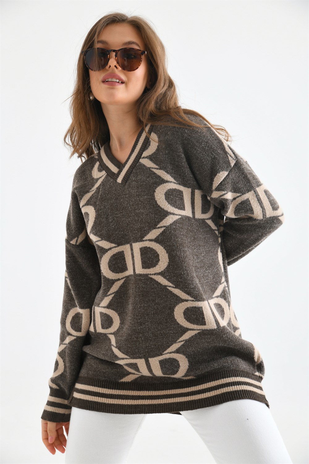 D Desenli Bluz KAHVE