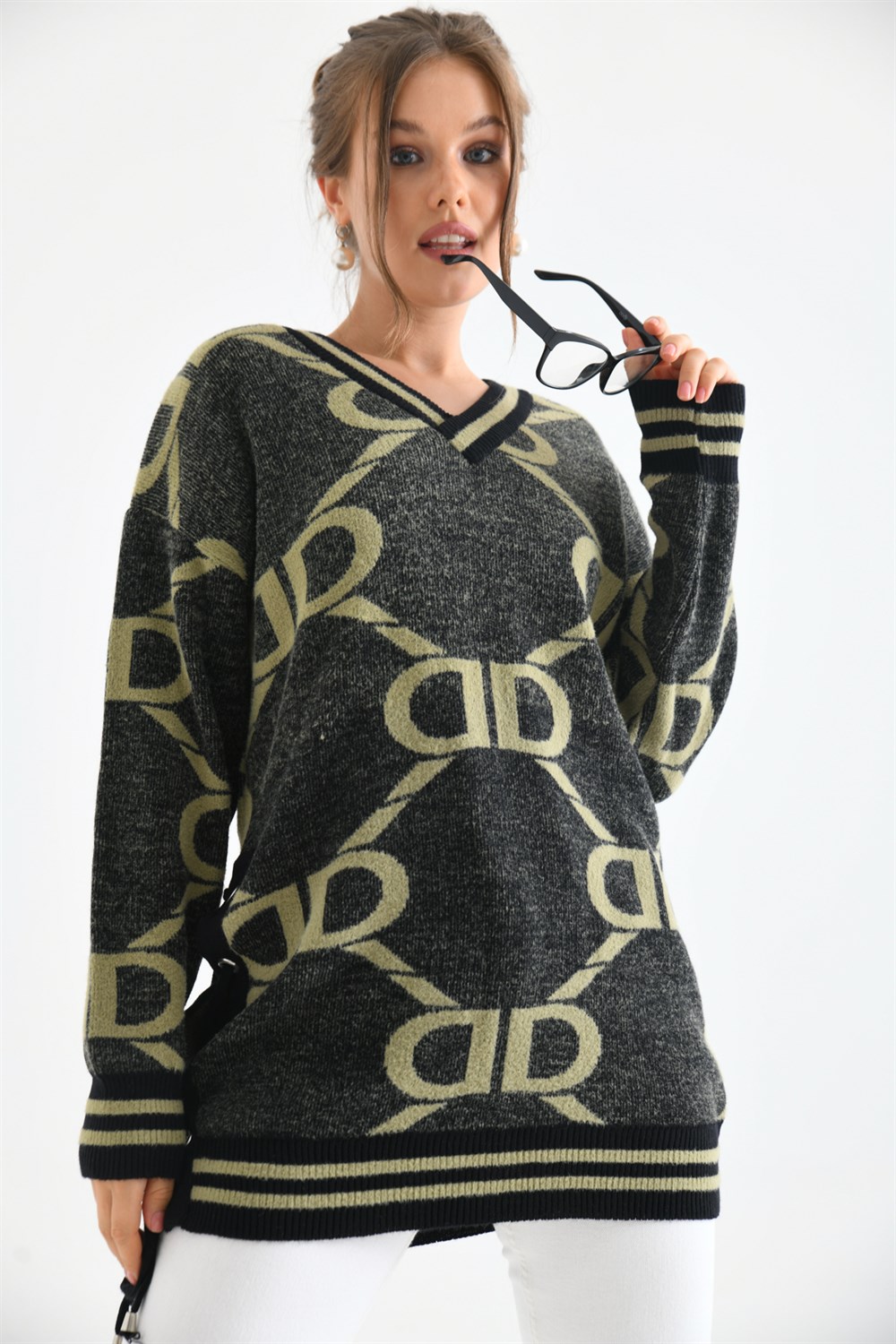 D Desenli Bluz SİYAH