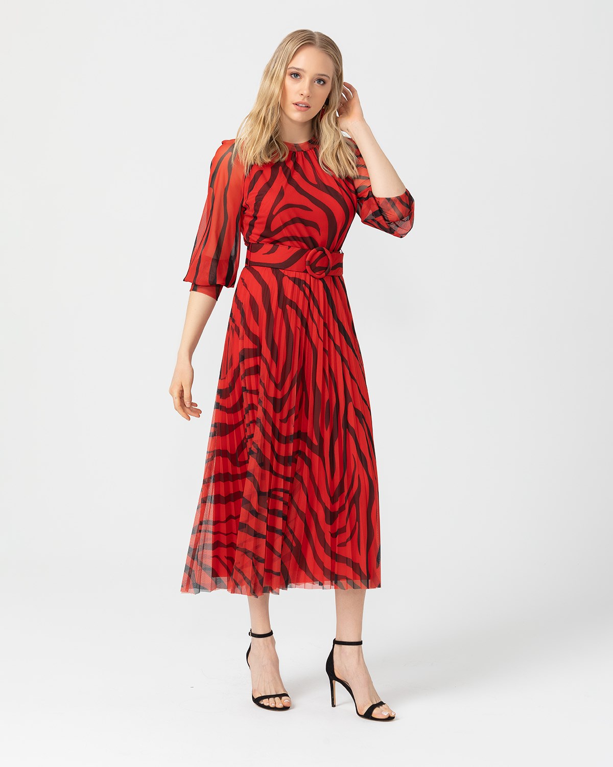 Seçil Eteği Pliseli Desenli Elbise - Kırmızı Online Mağazadan Satın Alın I  FTZ Women