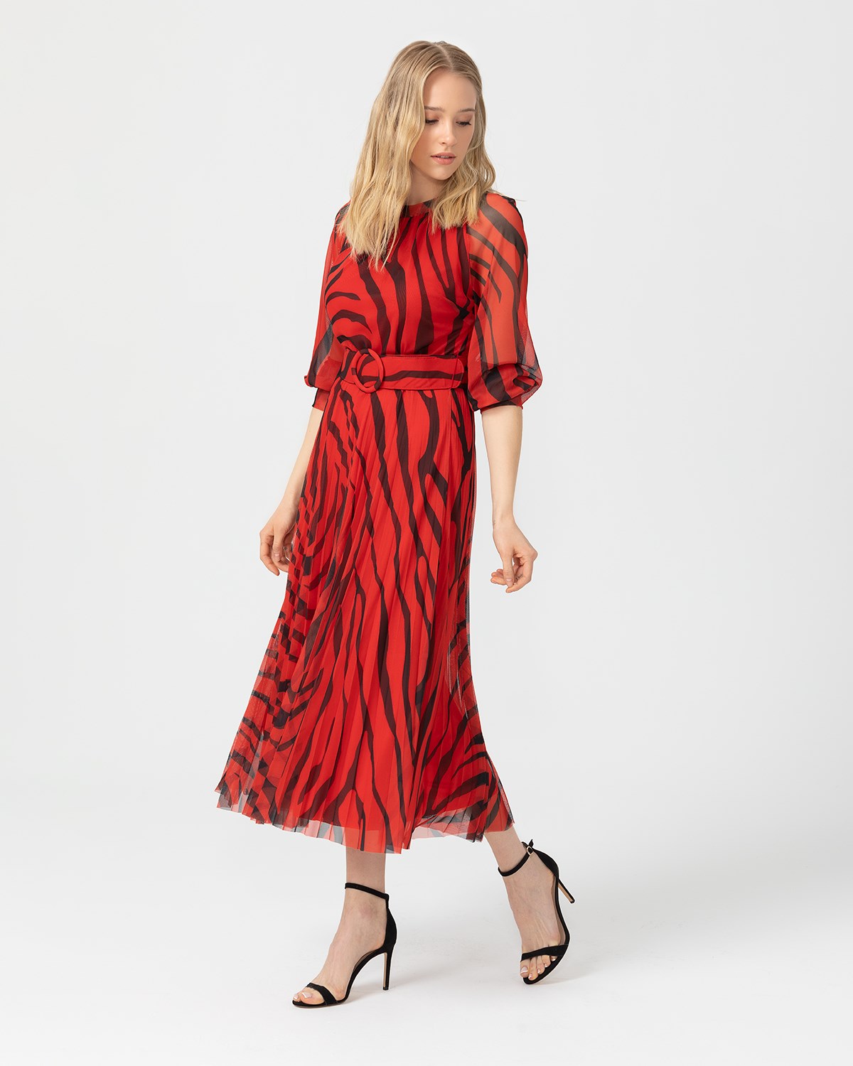 Seçil Eteği Pliseli Desenli Elbise - Kırmızı Online Mağazadan Satın Alın I  FTZ Women
