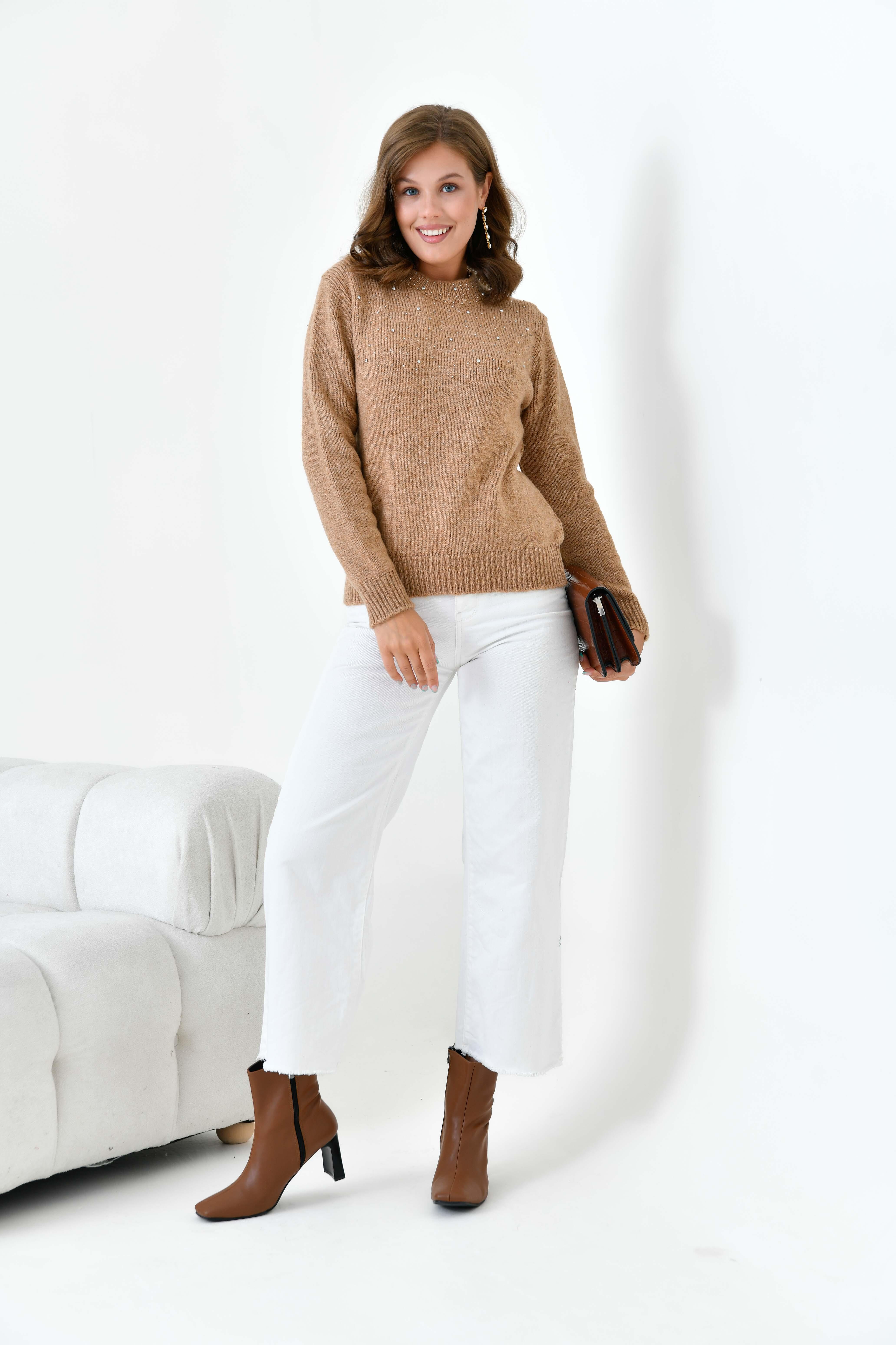 Ftz Kadın Boncuk İşlemeli Kazak Bisküvi 20741