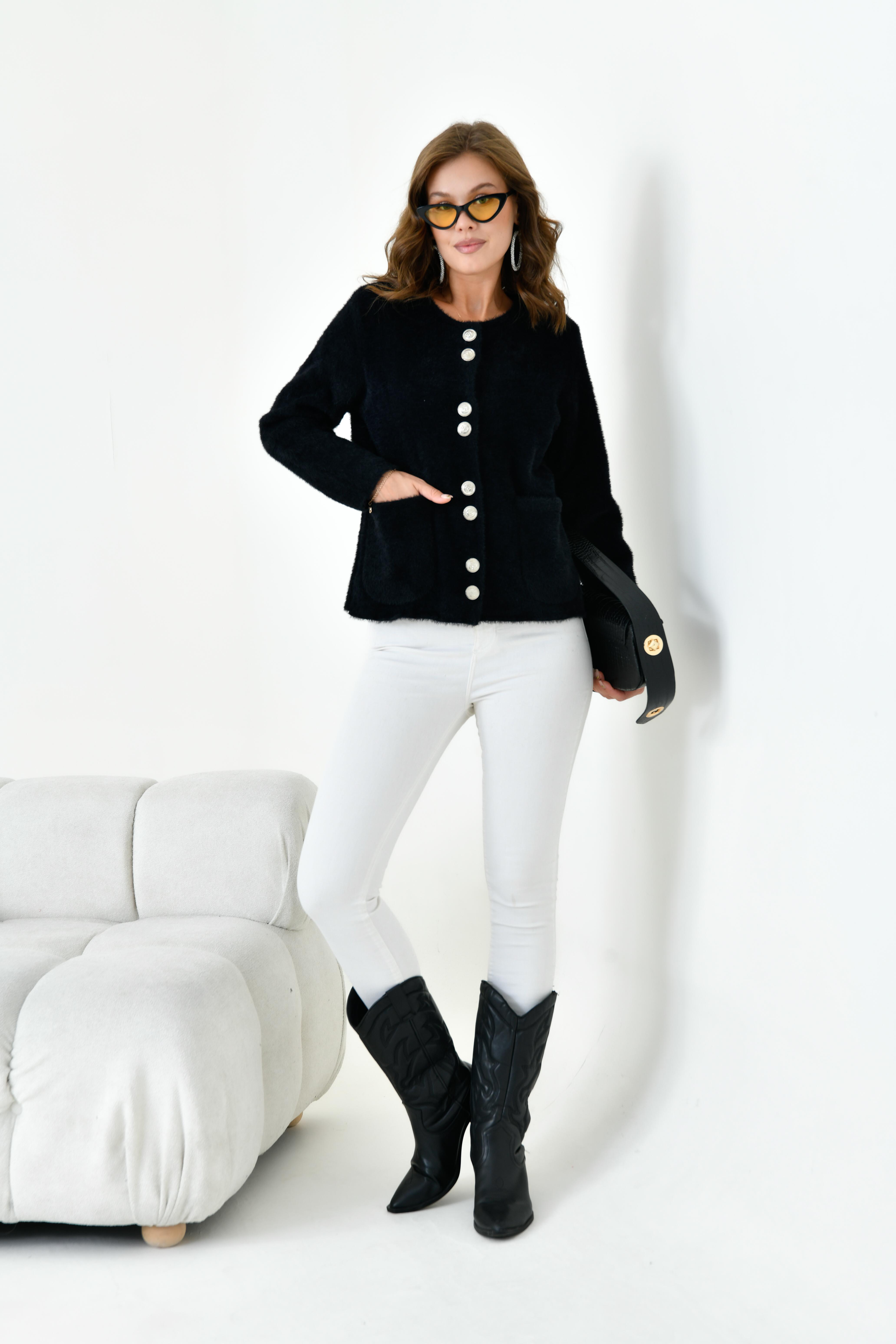 Ftz Kadın Düğme Detaylı Sakal Hırka Siyah 20843