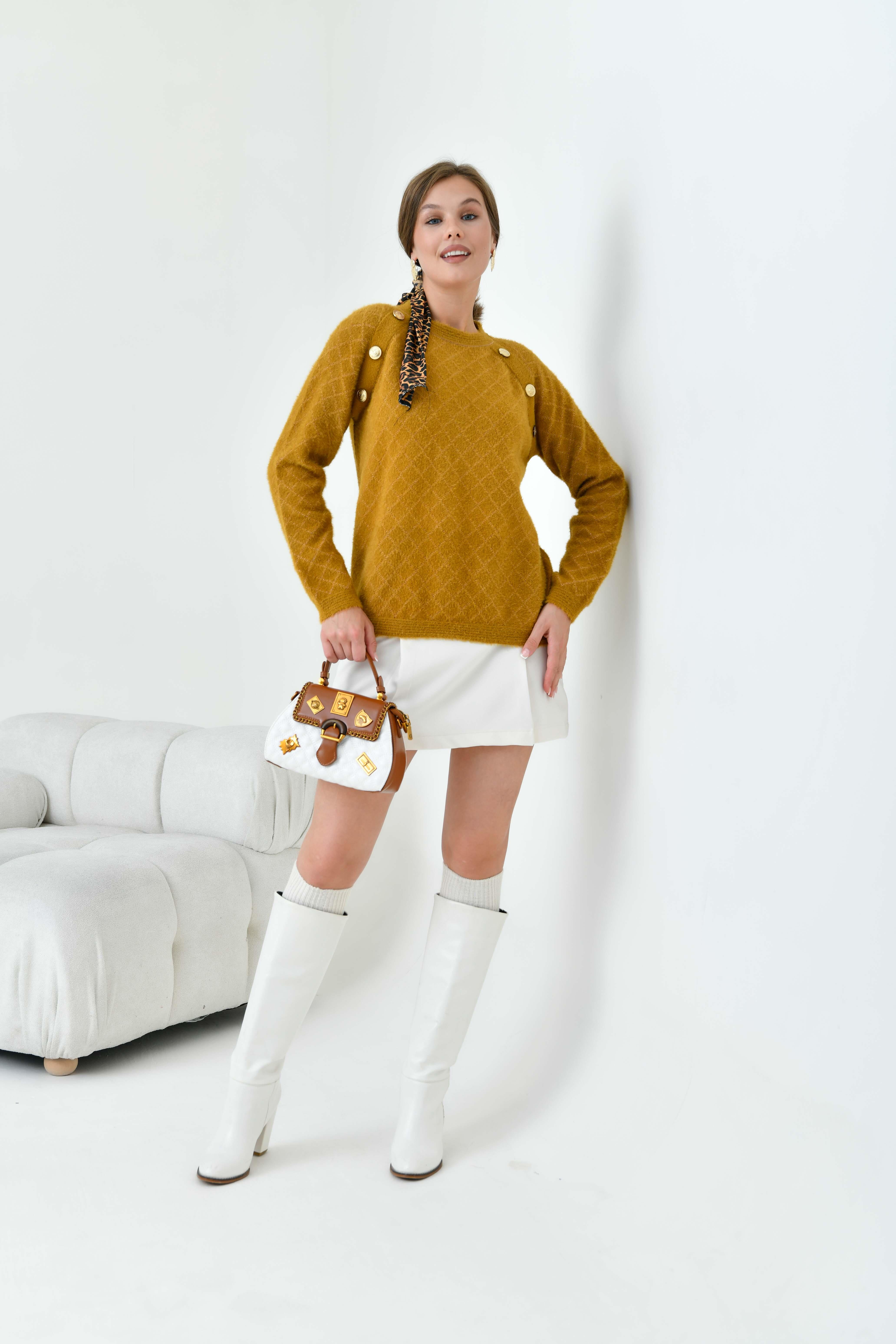 Ftz Kadın Gold Düğme Detaylı Bluz Hardal 20699