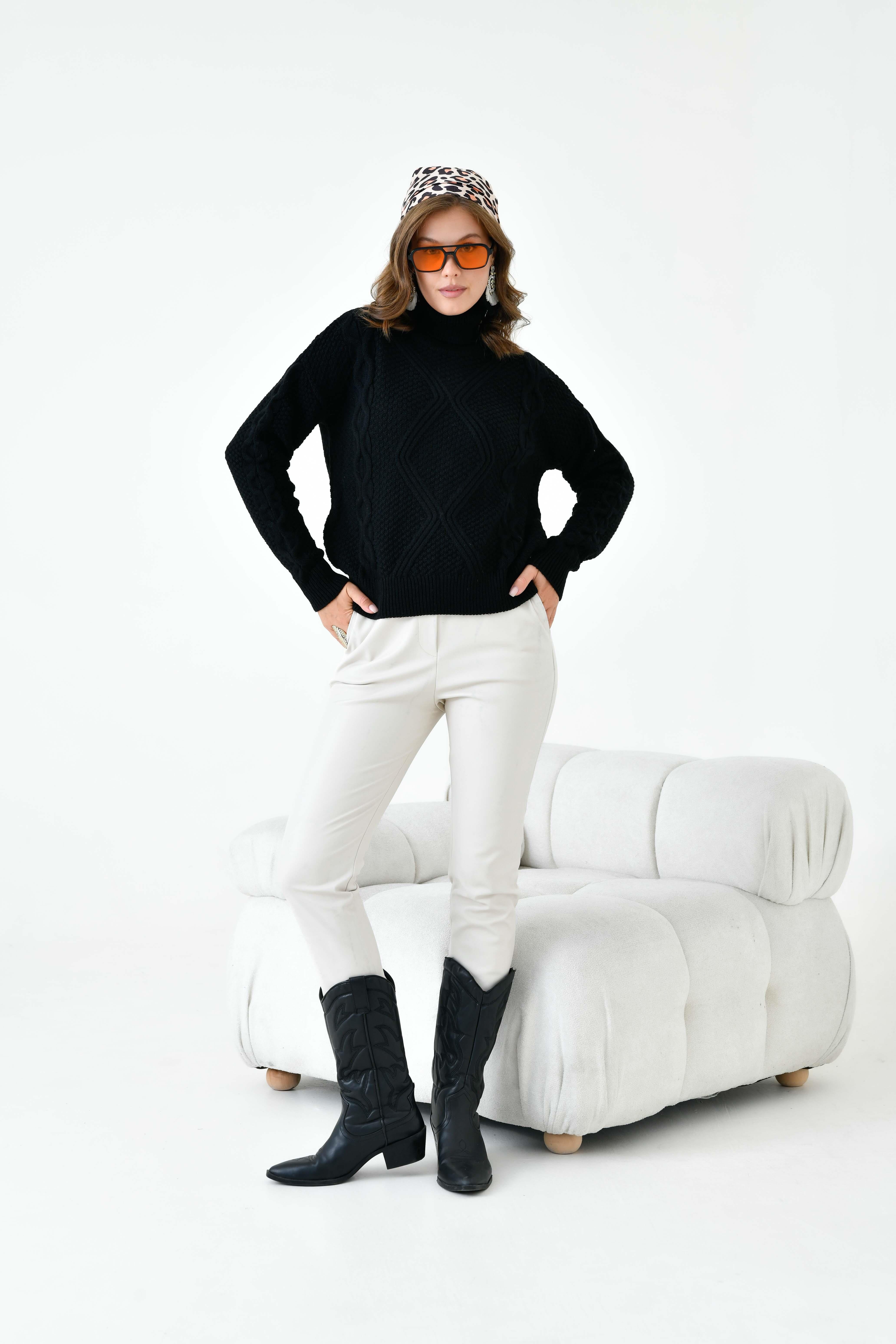 Ftz Kadın Pirinç Örgü Kazak Siyah 20909