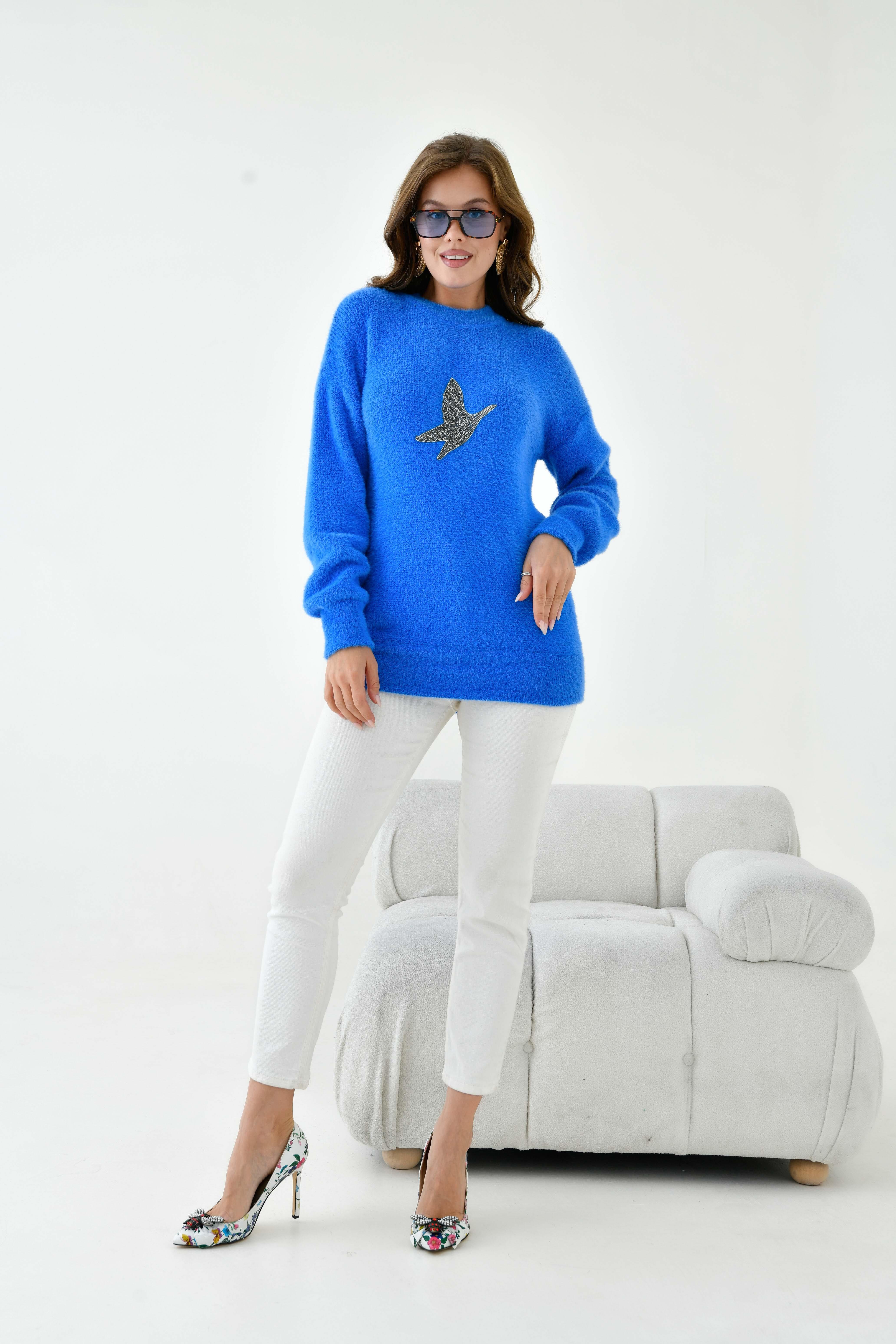 Ftz Kadın Taş Detaylı Kazak Saks Mavi 20828