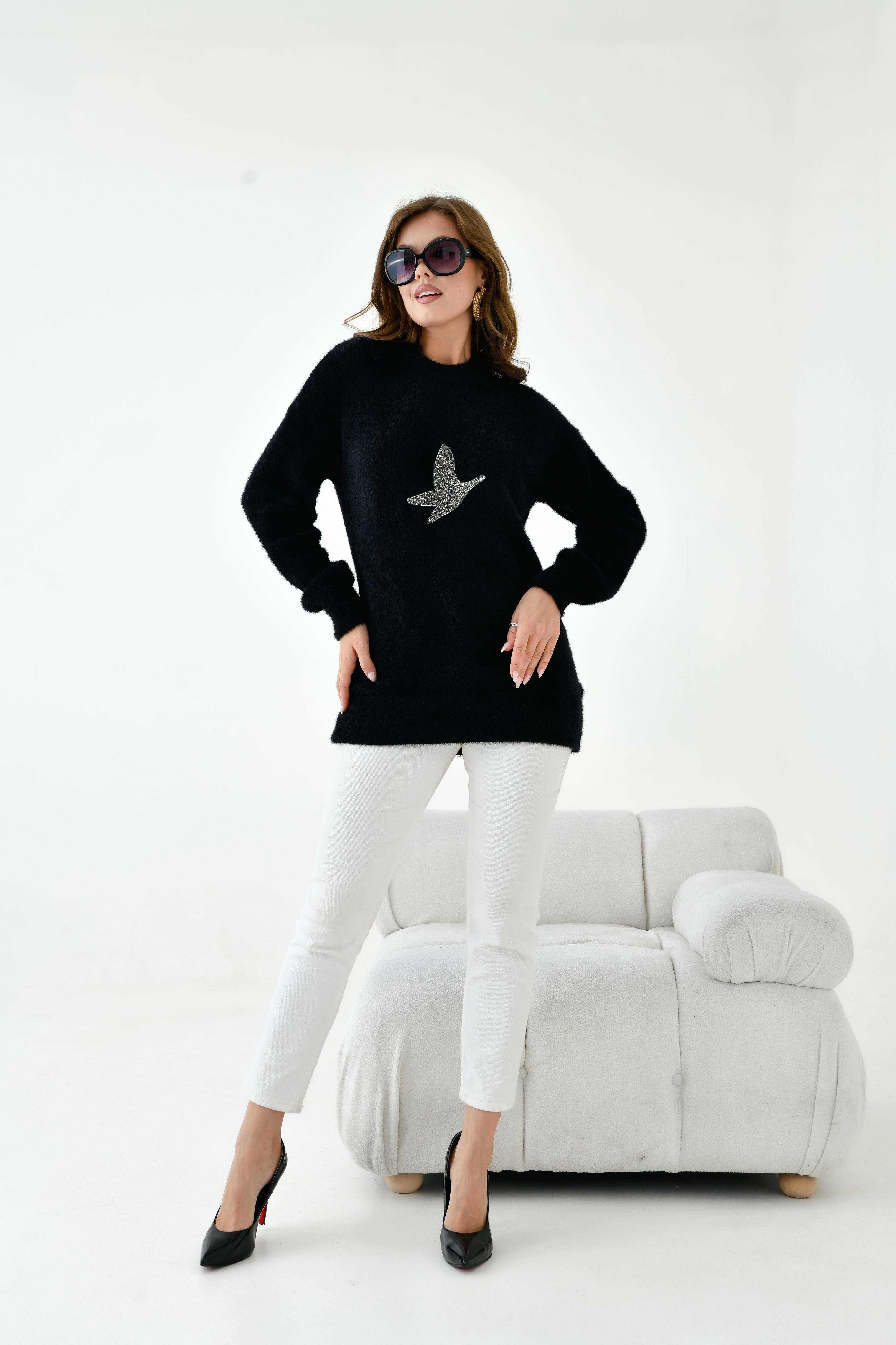 Ftz Kadın Taş Detaylı Kazak Siyah 20828