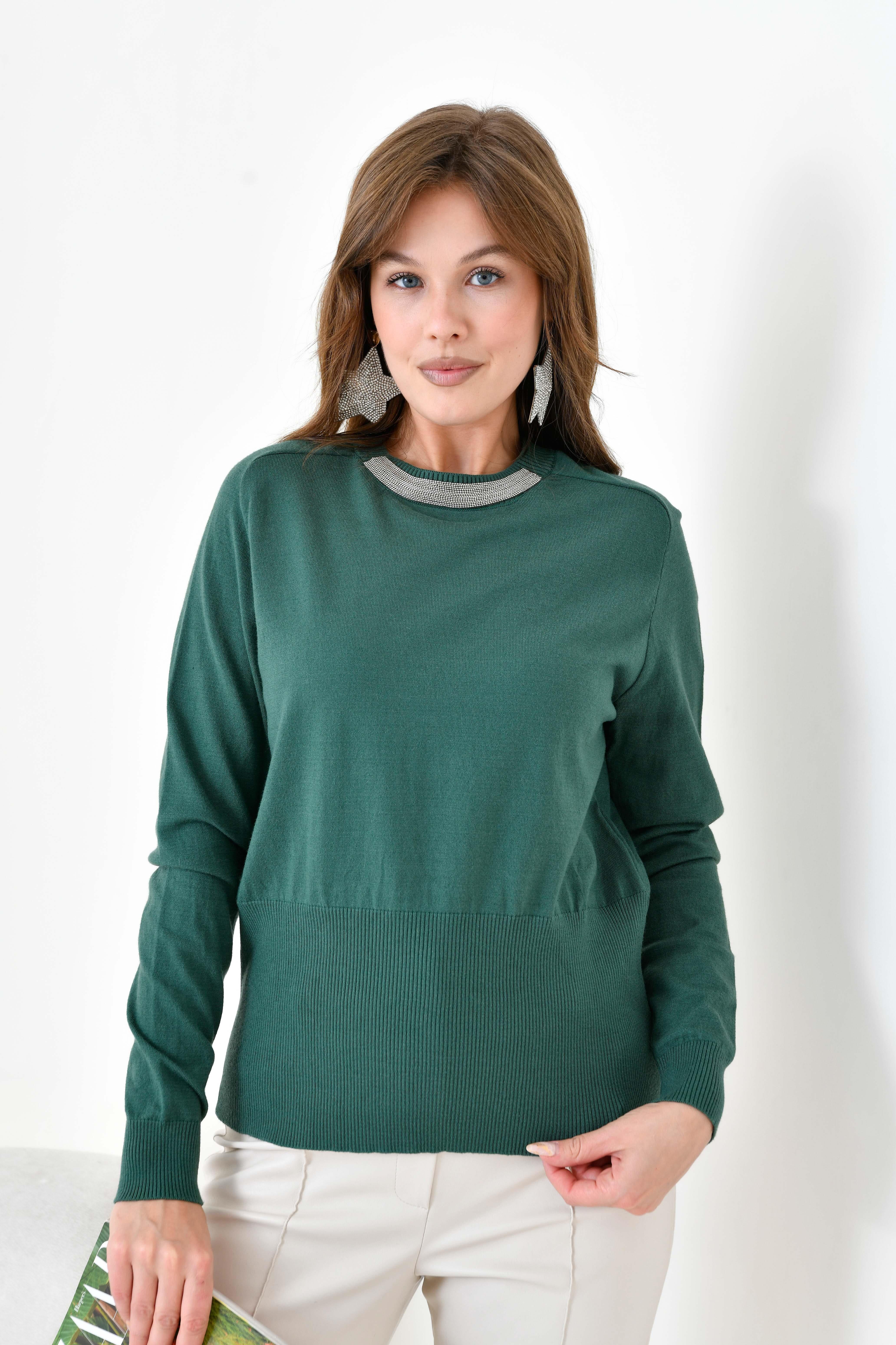 Ftz Kadın Zincir Detaylı Kazak Zümrüt 20823