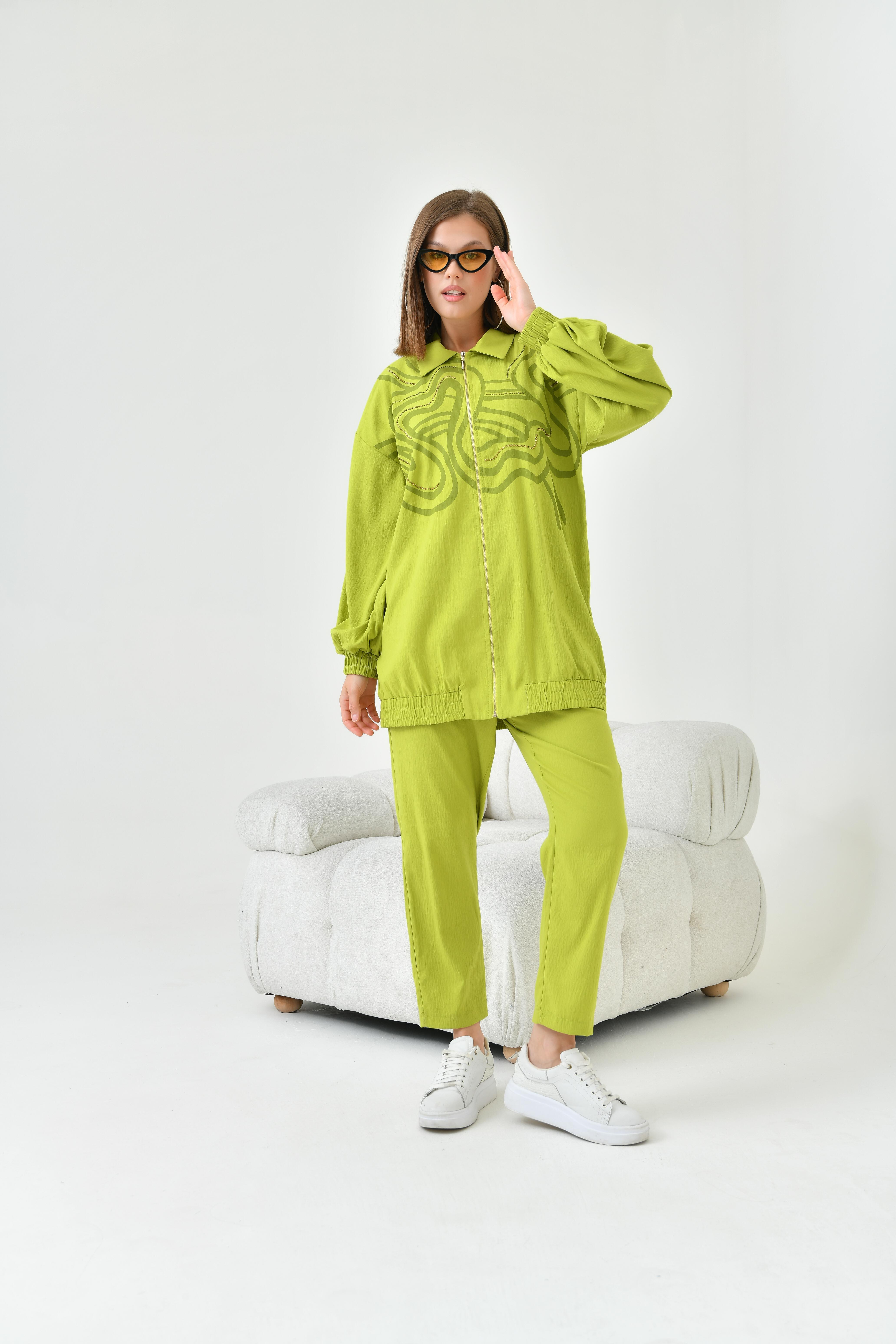 FTZ WOMEN BAYAN BASKI TAŞ DETAY TAKIM Olive 30826