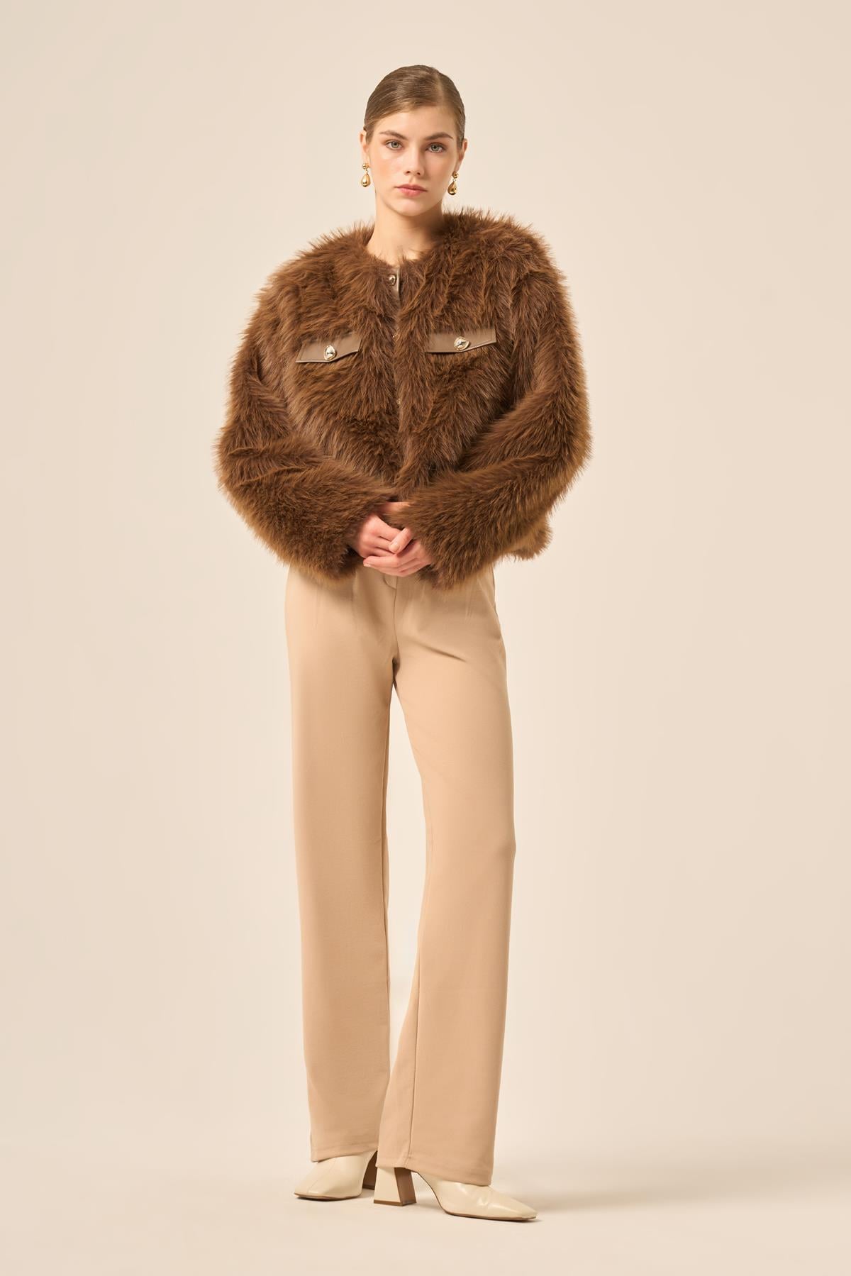 FTZ Women Bayan Peluş Mont  Kahve 31241