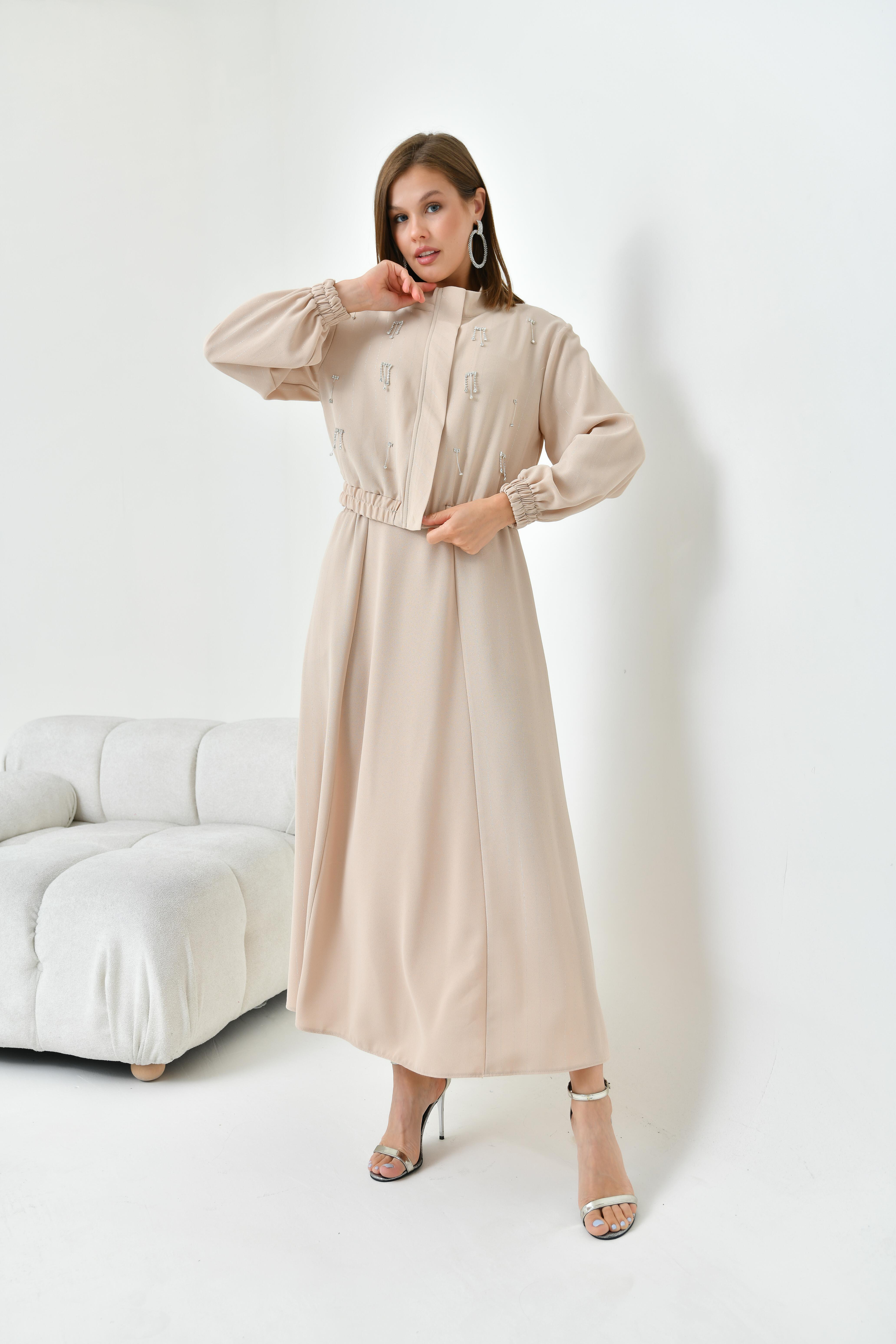 FTZ WOMEN BAYAN SİMLİ CREP ETEKLİ TAKIM Beige 30839
