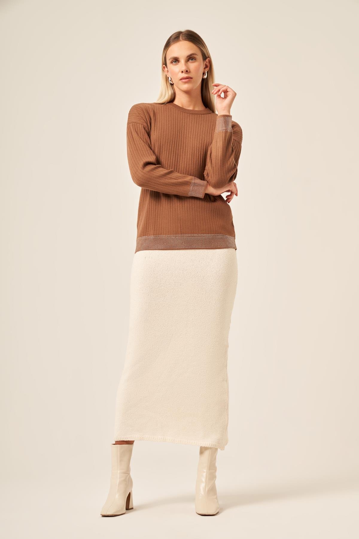 FTZ Women Ftz Kadın Taş Detaylı Bluz  Kahve 20845