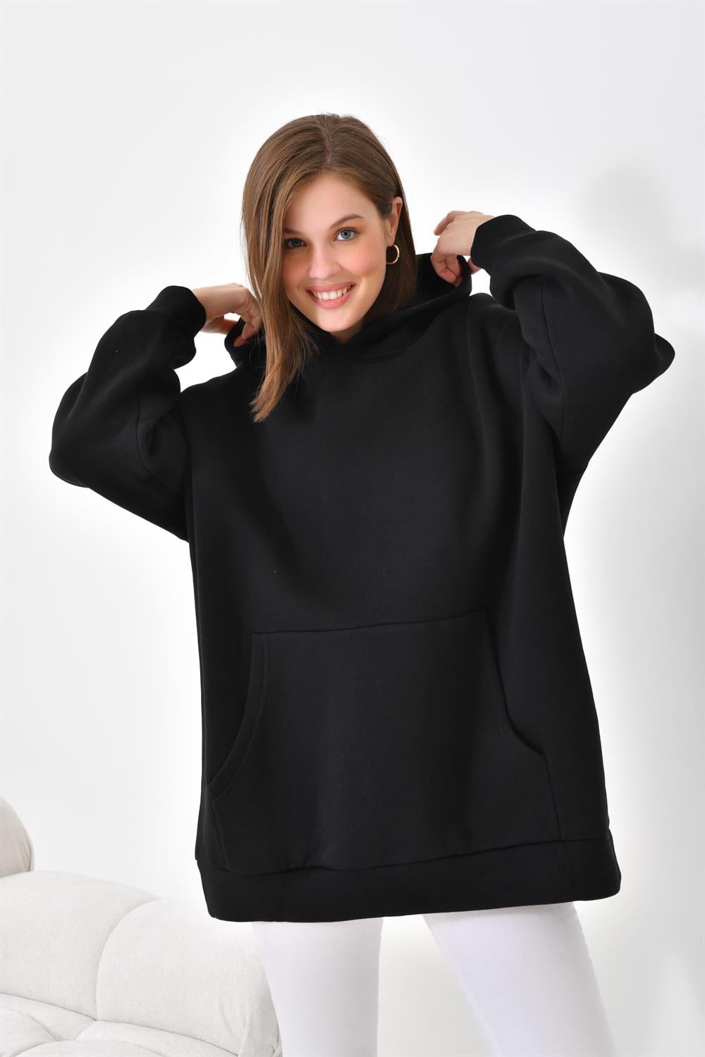 Ftz Women Kadın 3 İp Şardonlu Kapüşonlu Sweatshirt Siyah