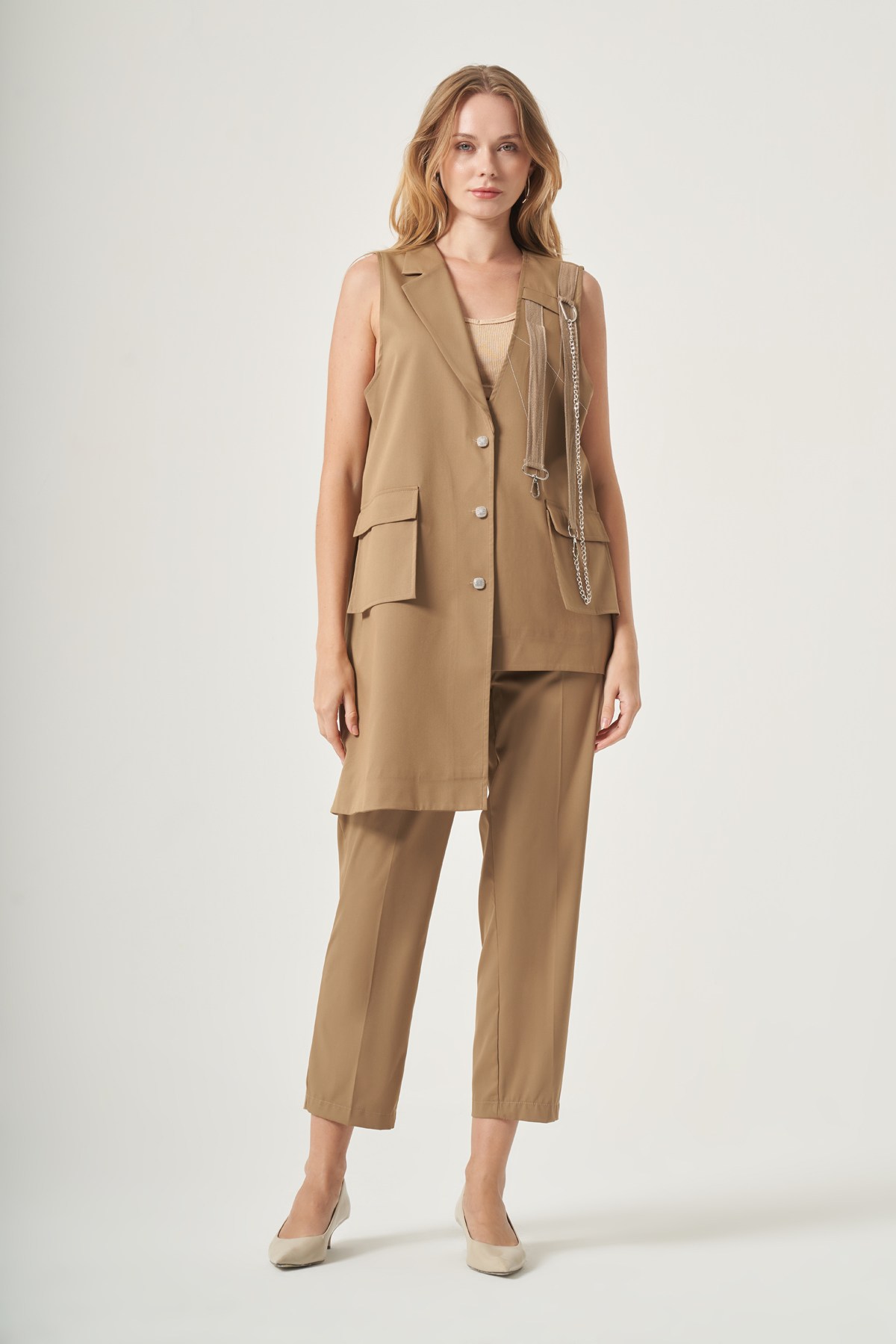 FTZ Women Kadın Asimetrik Kesim Yelekli İkili Takım  Camel 31530
