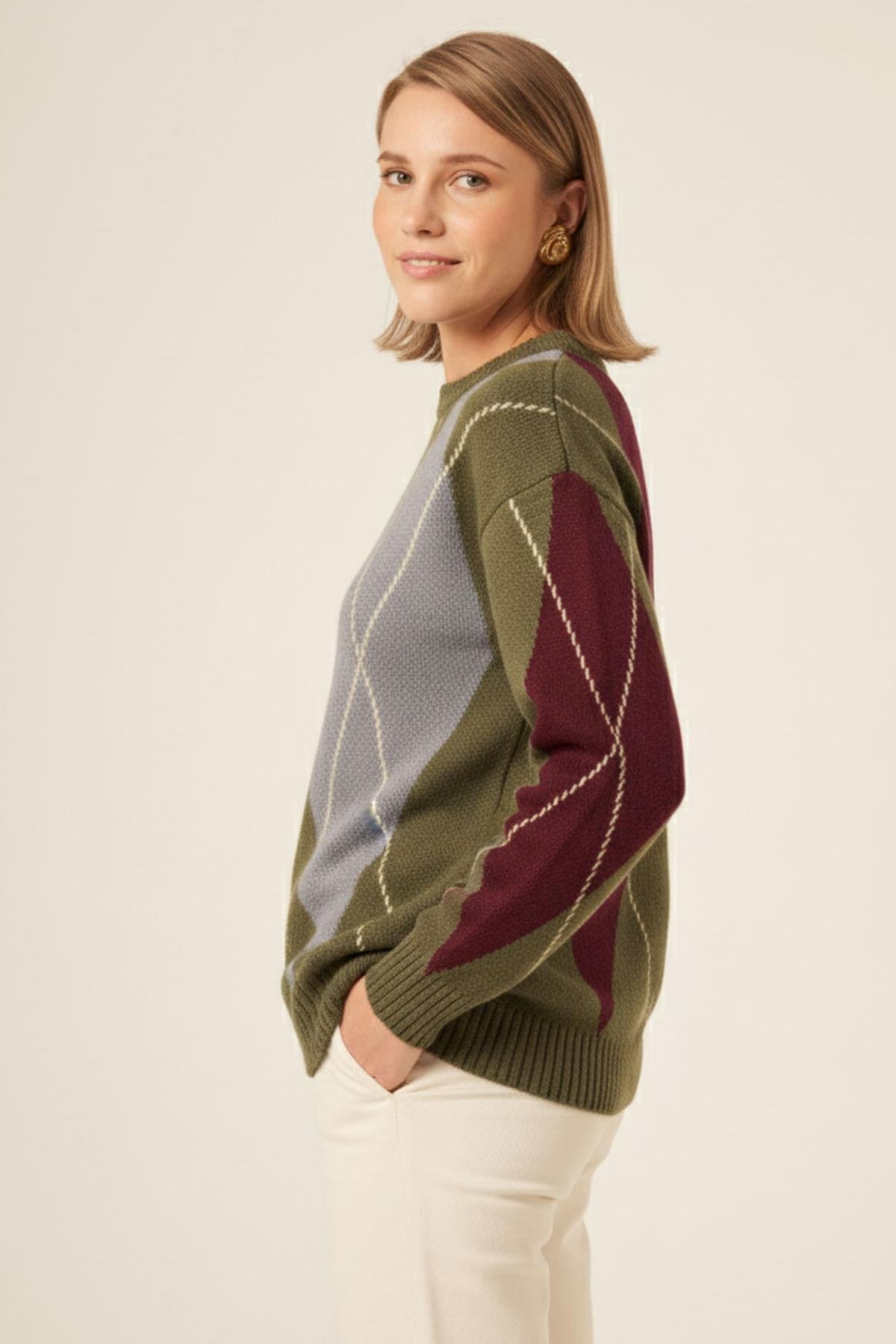 FTZ Women Kadın Baklava Desenli Kazak  Haki 25094